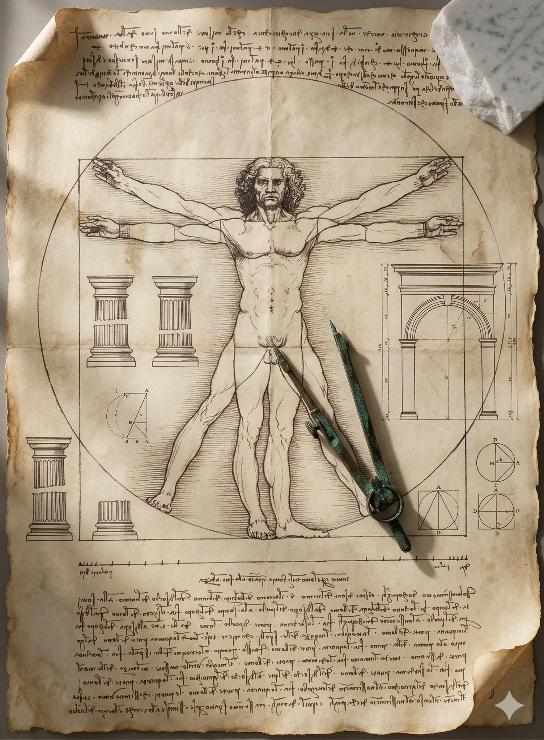 Ancient architectural drawings on vellum with bronze compass — Vitruvius's proportioned blueprint