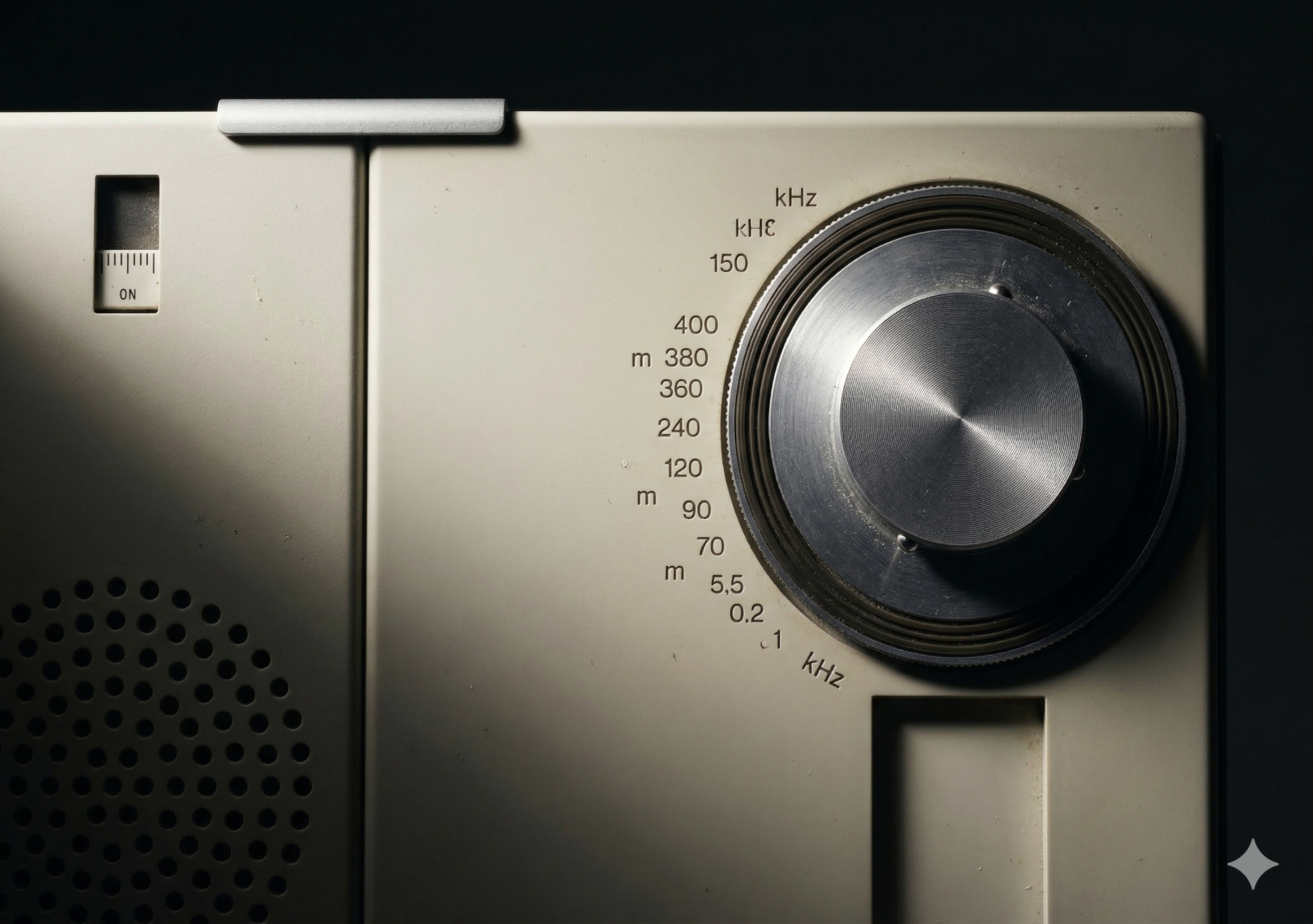 Close-up of a 1970s Braun radio dial — Dieter Rams's functional silence