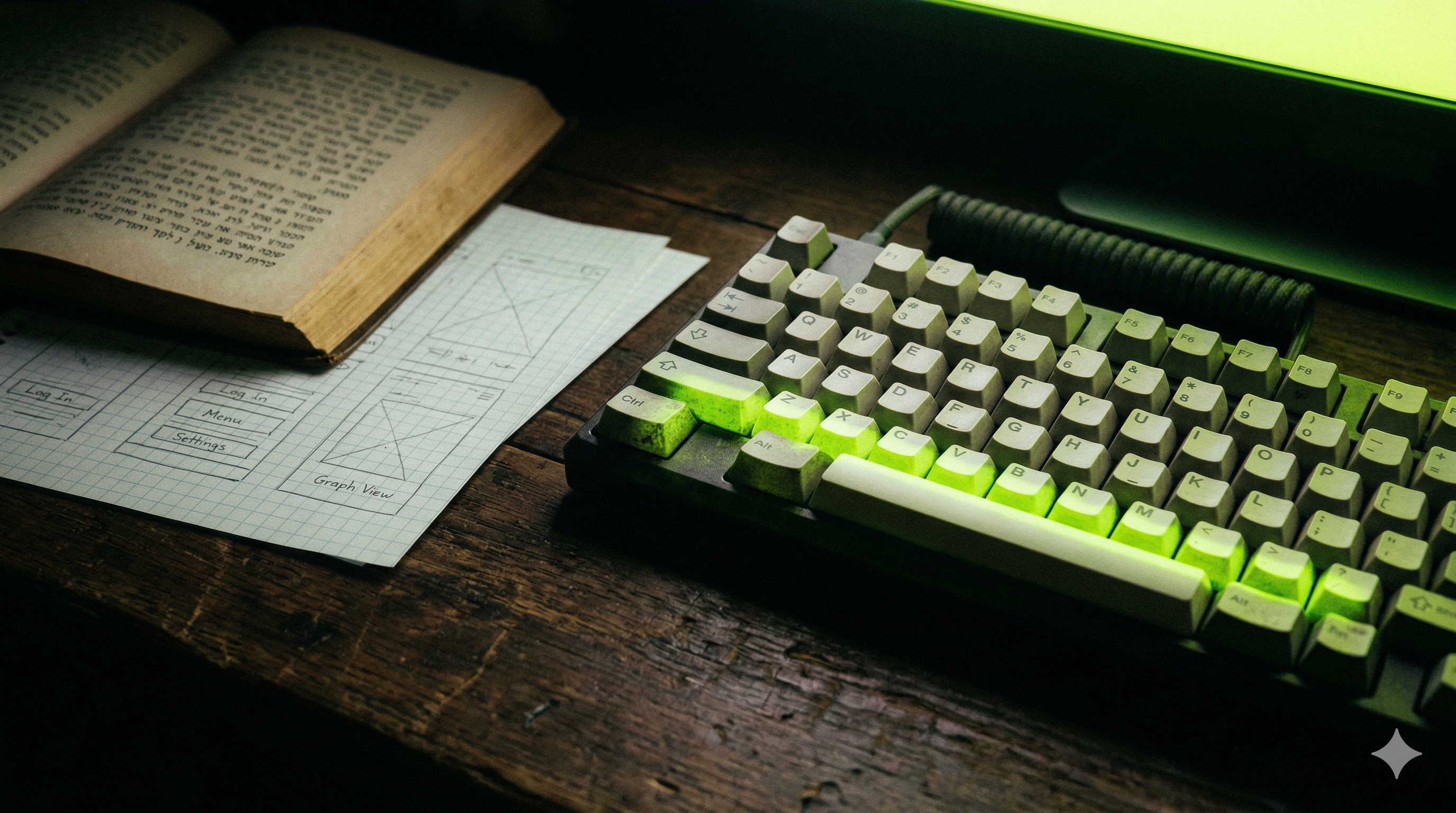 Mechanical keyboard lit by green phosphor glow — CRISP for the age of AI