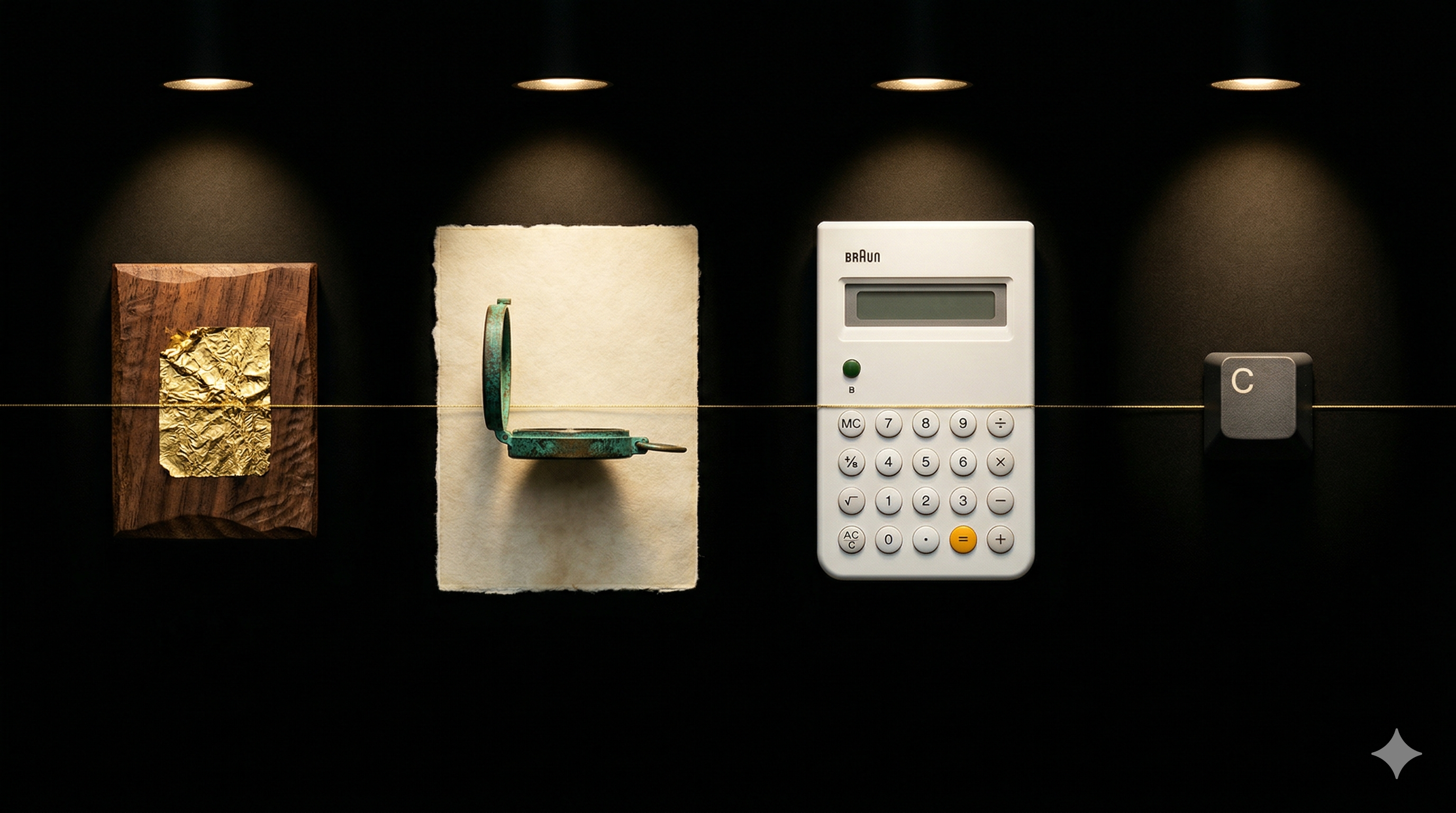 Four objects connected by a gold thread — representing 3,472 years of design thinking