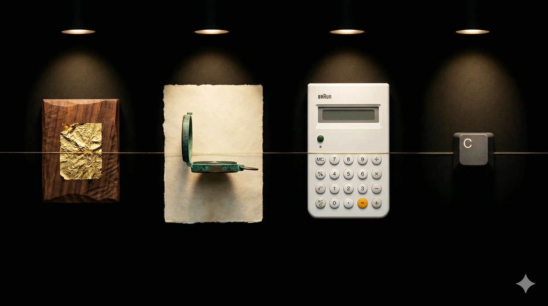 Four objects connected by a gold thread — representing 3,472 years of design thinking